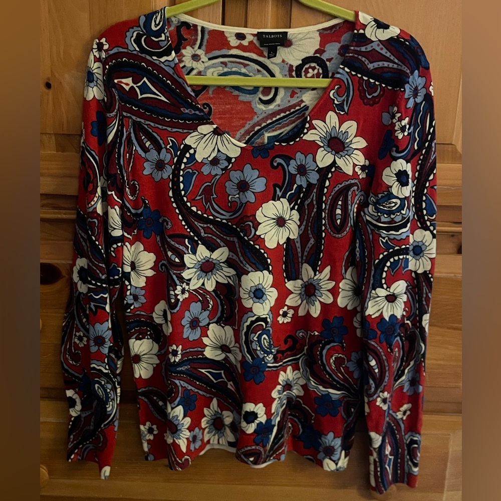 Talbots sz large merino wool print v neck sweater